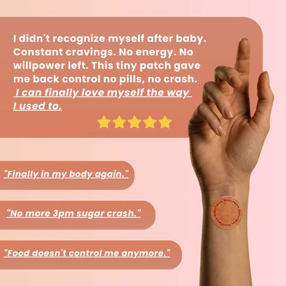Hand with a round adhesive patch on wrist, customer review text, five-star rating, pink background.
