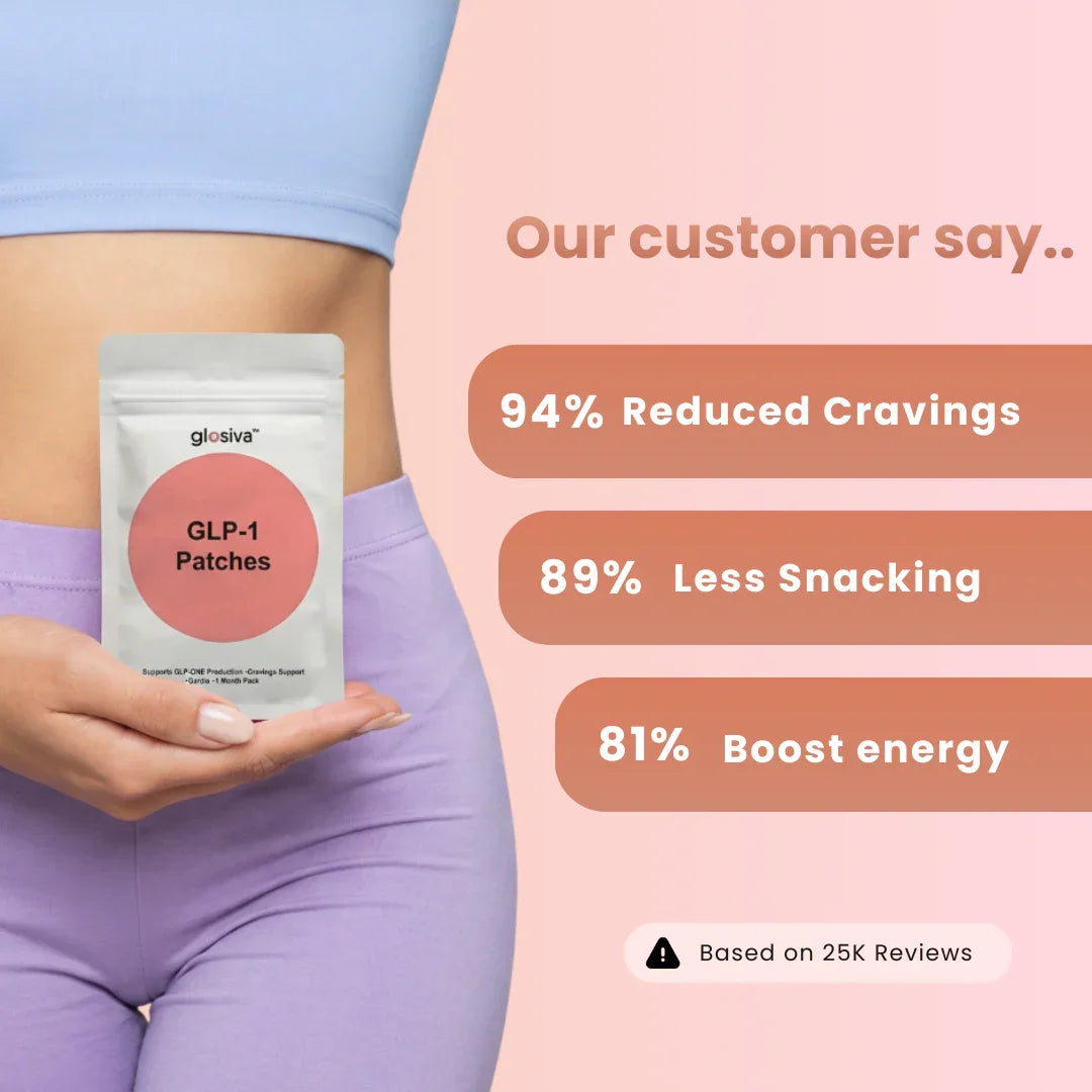 Woman holding GLP-1 Patches package, statistics show reduced cravings, less snacking, more energy.
