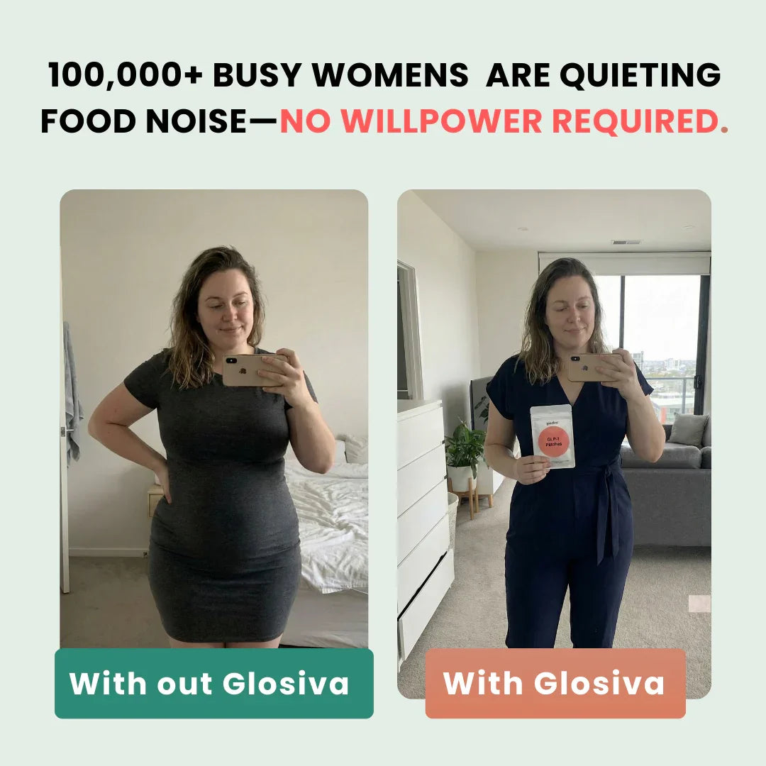 Before and after photo of woman taking mirror selfies showing results without and with Glosiva supplement in a bedroom setting.