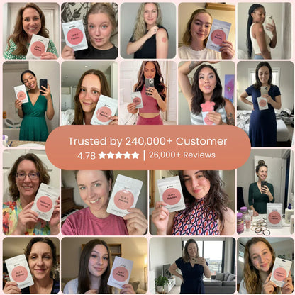 Collage of diverse women holding GLP-1 patches, customer reviews and five-star rating center banner.