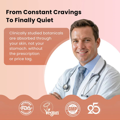 Smiling doctor with stethoscope promoting vegan, GMP certified, FDA approved botanicals.