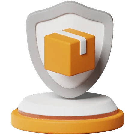 3D icon of a yellow package with white stripe on a shield, symbolizing package protection